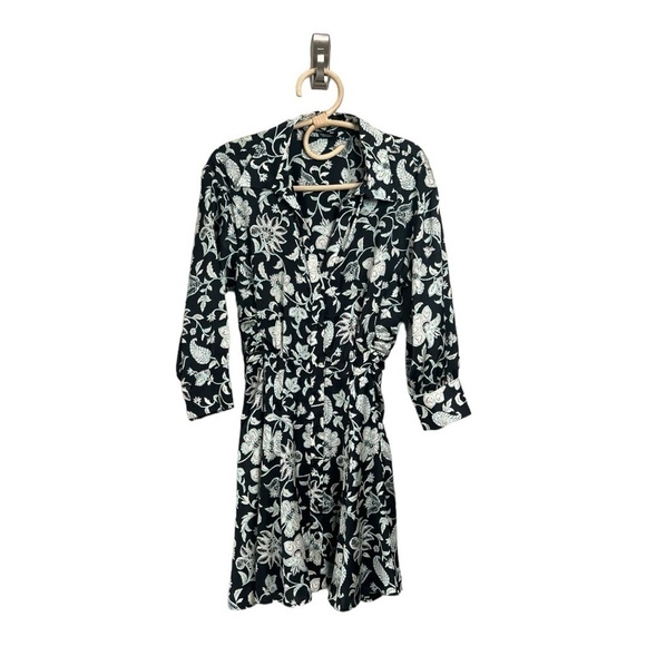 ZARA Satin Effect Black White Floral Shirt Dress XS Long Exaggerated Sleeve XS - Picture 4 of 15